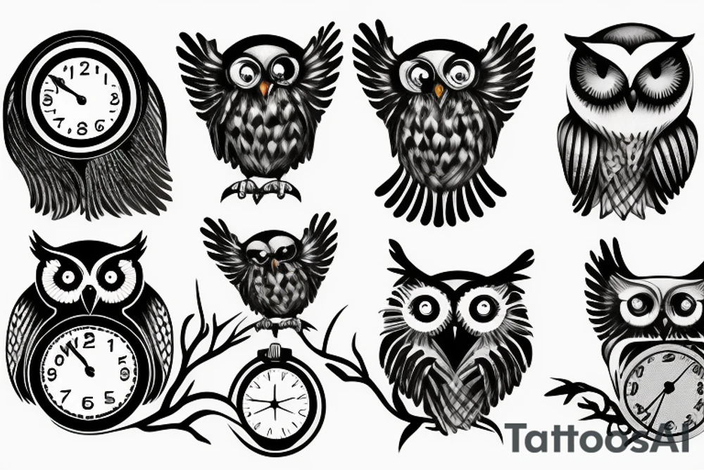Owl with clock with hands at 2, 3, and 5 tattoo idea