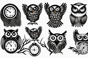 Owl with clock with hands at 2, 3, and 5 tattoo idea