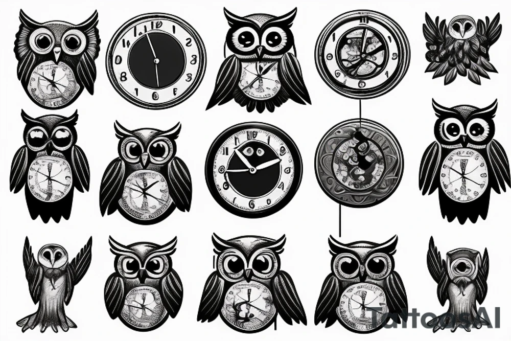 Owl with clock with hands at 2, 3, and 5 tattoo idea