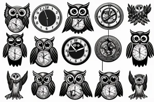 Owl with clock with hands at 2, 3, and 5 tattoo idea