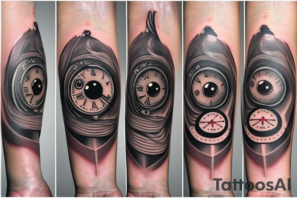 Owl eye with clock hands at 2, 3, and 5 tattoo idea