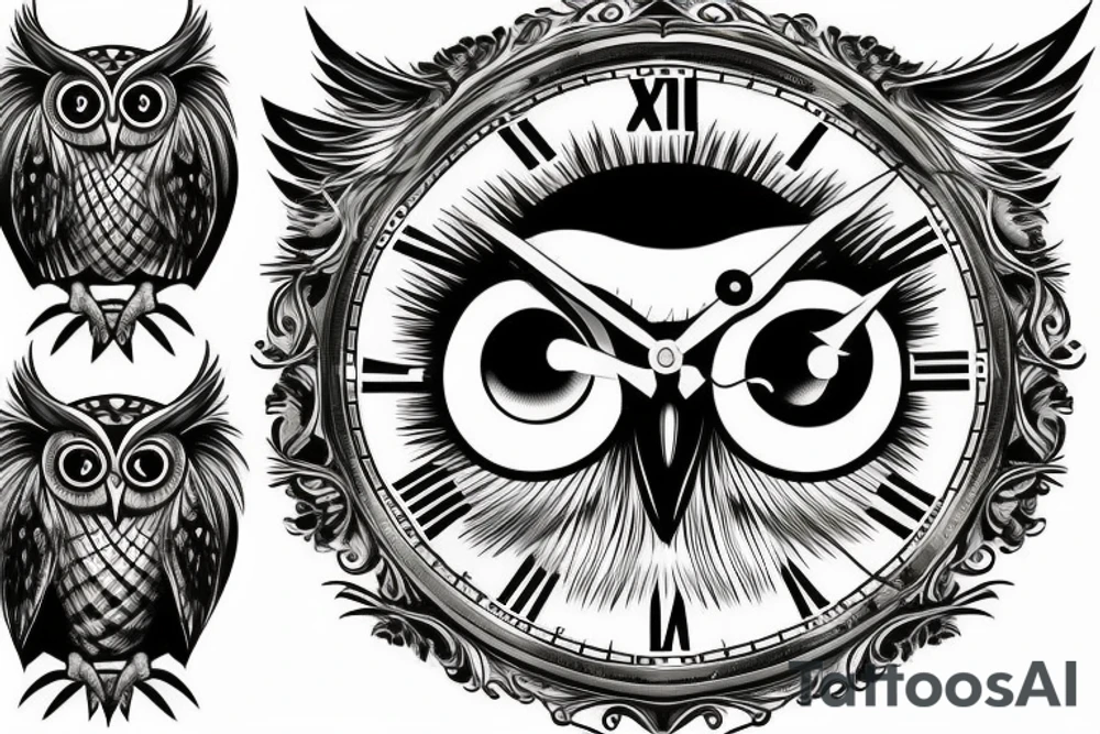 Owl eye with clock hands at 2, 3, and 5 tattoo idea