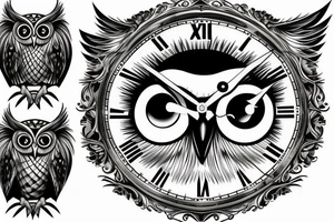 Owl eye with clock hands at 2, 3, and 5 tattoo idea