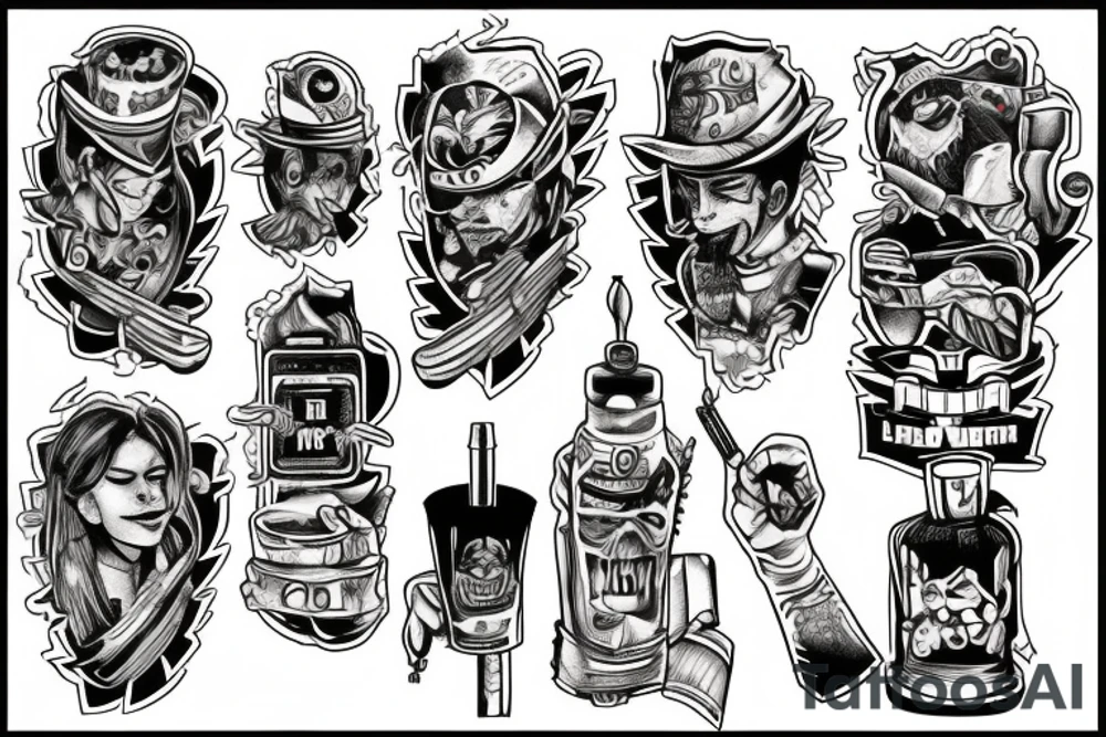 A tattoo that involves video games,drinking,smoking and a mention of Lithuania somewhere suitable for a shoulder tattoo tattoo idea