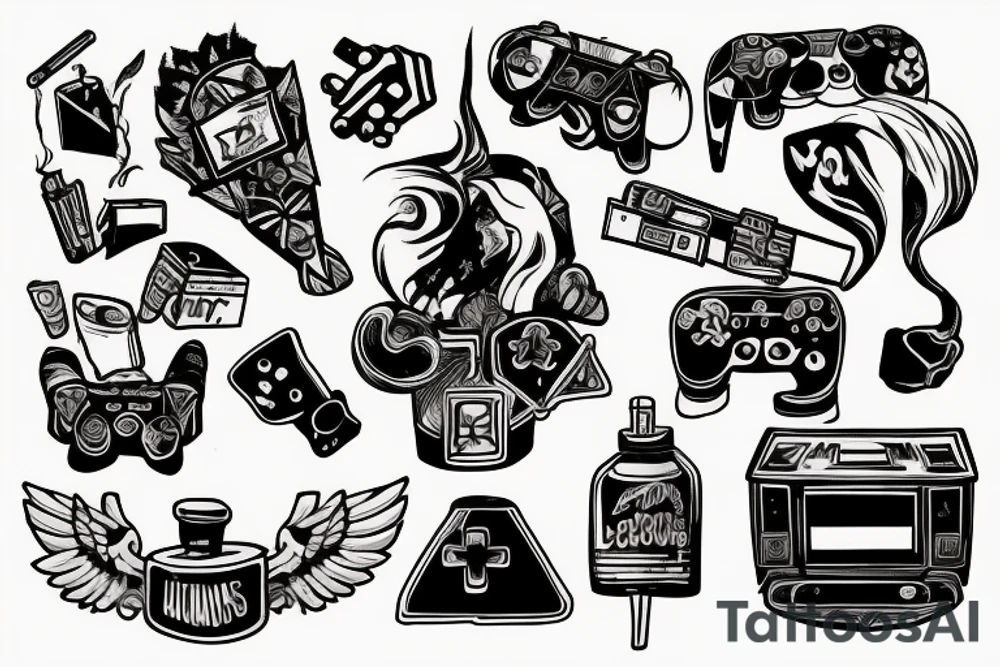 A tattoo that involves video games,drinking,smoking and a mention of Lithuania somewhere suitable for a shoulder tattoo tattoo idea