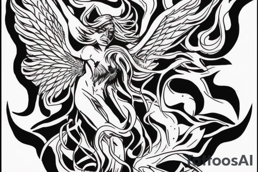 Angel trying to take off, demons try to catch him tattoo idea