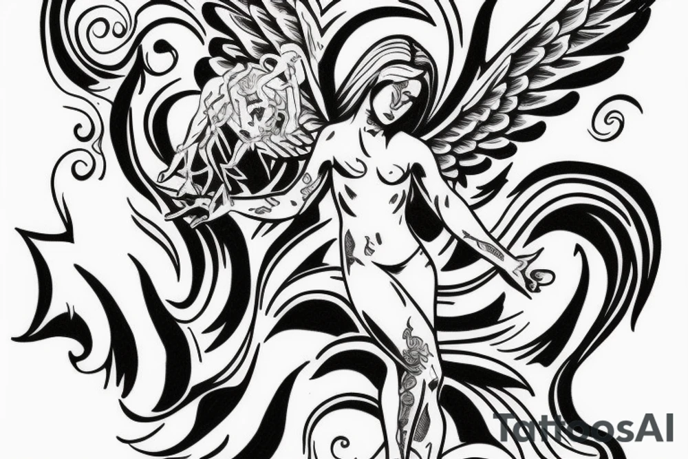 Angel trying to take off, demons try to catch him tattoo idea