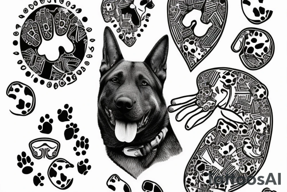 Pit bull and a German shepherd in a paw print tattoo idea