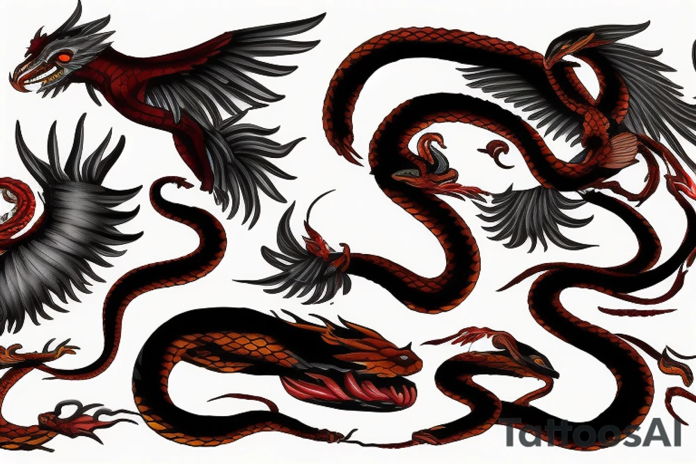 phoenix bird fire breathing killing a snake riding a dragon tattoo idea