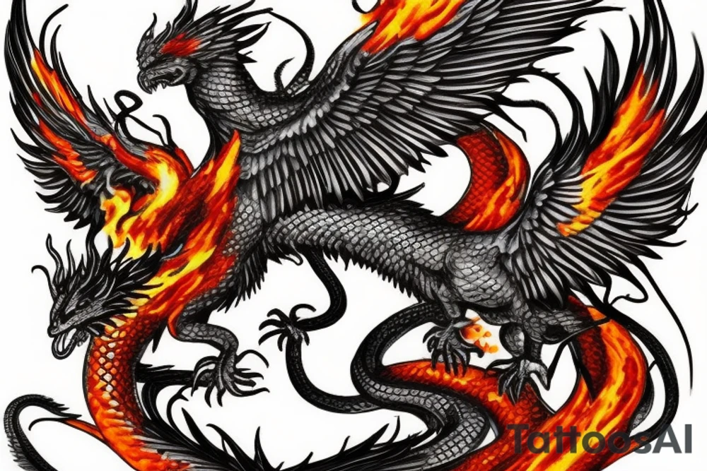 phoenix bird fire breathing killing a snake riding a dragon tattoo idea