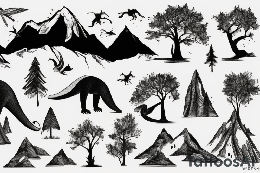 Montains, dinossauro, tree tattoo idea
