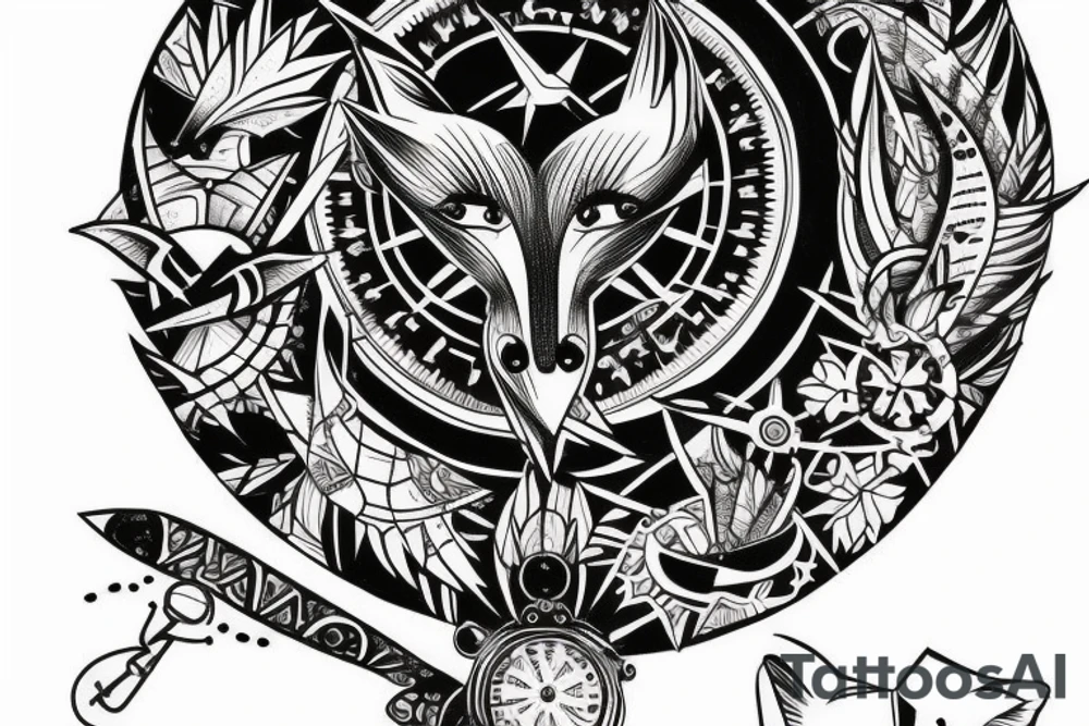 fox with compass tattoo idea