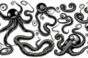 mollusc with an elongated soft body, large eyes, eight arms, and two tentacles tattoo idea
