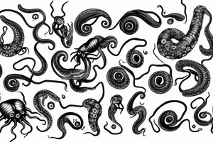 mollusc with an elongated soft body, large eyes, eight arms, and two tentacles tattoo idea