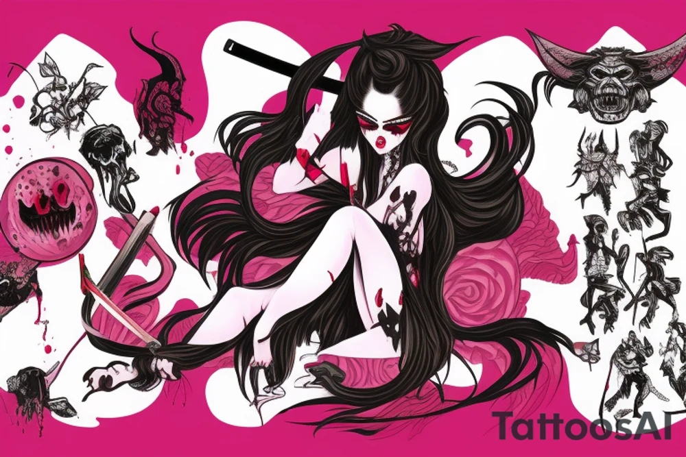A demon girl with katana smeared with blood tattoo idea