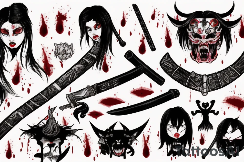 A demon girl with katana smeared with blood tattoo idea