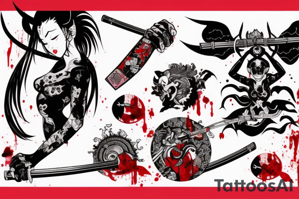 A demon girl with katana smeared with blood tattoo idea