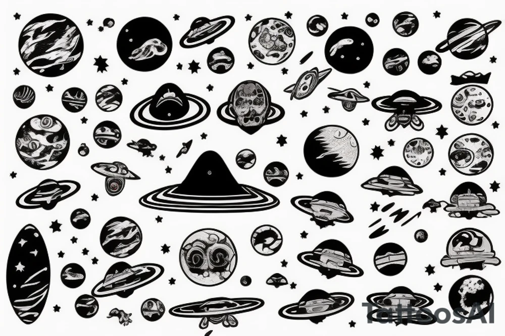 A UFO flies through the Universe tattoo idea