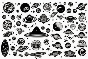 A UFO flies through the Universe tattoo idea