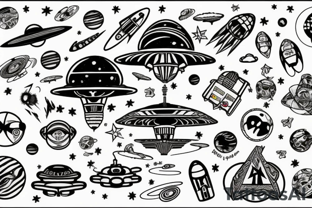 A UFO flies through the Universe tattoo idea