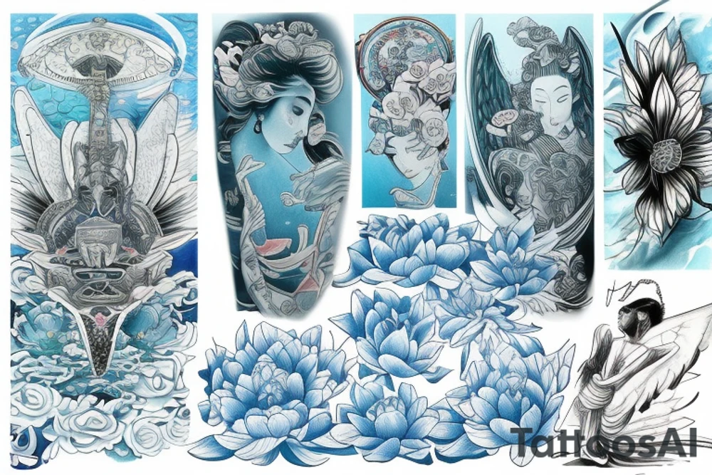 Respect text on the top of the back surrounded with japanese art of women, angels, light blue lotus flowers, a boat and the futuristic art of universum tattoo idea