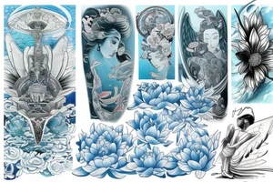 Respect text on the top of the back surrounded with japanese art of women, angels, light blue lotus flowers, a boat and the futuristic art of universum tattoo idea