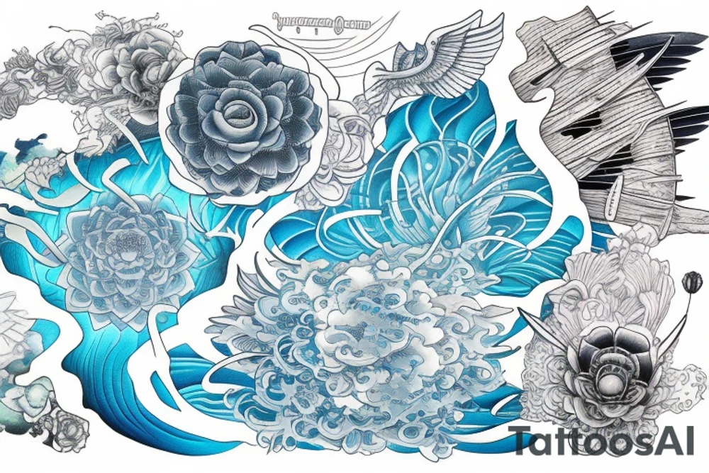 Respect text on the top of the back surrounded with japanese art of women, angels, light blue lotus flowers, a boat and the futuristic art of universum tattoo idea