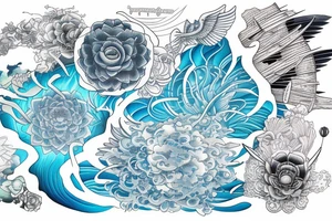 Respect text on the top of the back surrounded with japanese art of women, angels, light blue lotus flowers, a boat and the futuristic art of universum tattoo idea