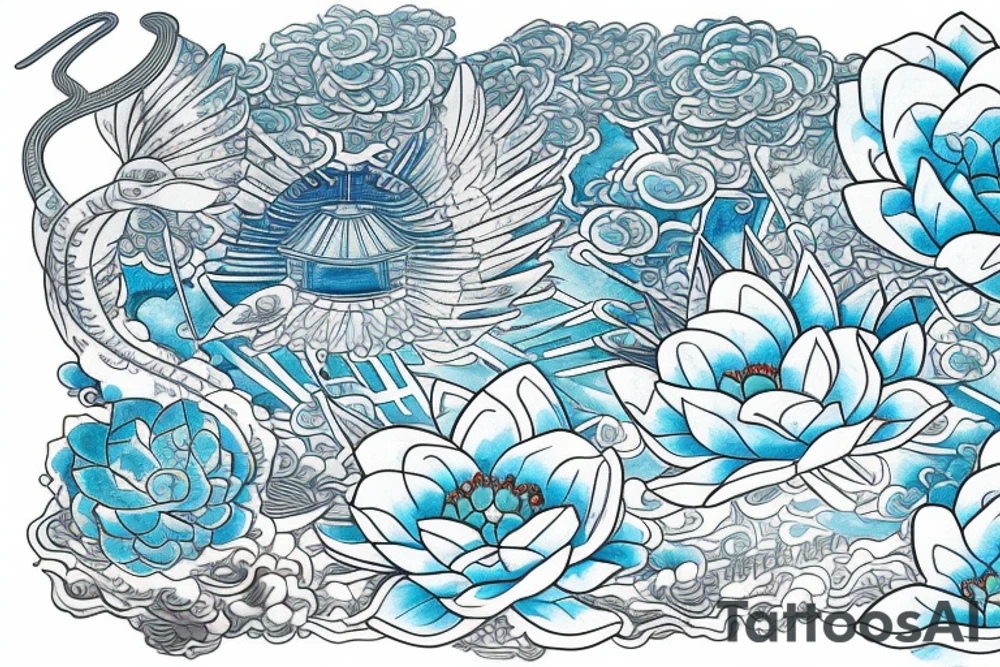 a written text saying RESPECT on the top of the back, which is surrounded with japanese art including an angel, light blue lotus flowers, a boat and the futuristic art of the universum tattoo idea
