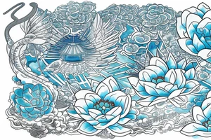 a written text saying RESPECT on the top of the back, which is surrounded with japanese art including an angel, light blue lotus flowers, a boat and the futuristic art of the universum tattoo idea