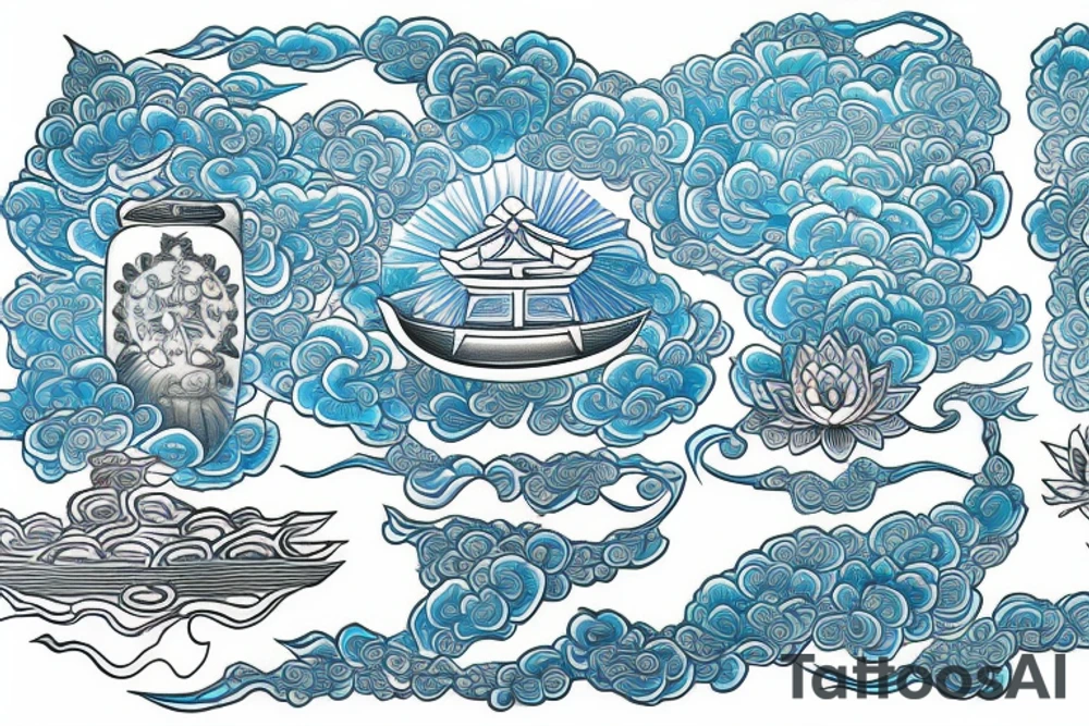 a written text saying RESPECT on the top of the back, which is surrounded with japanese art including an angel, light blue lotus flowers, a boat and the futuristic art of the universum tattoo idea
