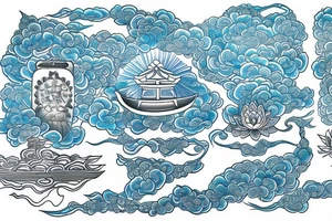 a written text saying RESPECT on the top of the back, which is surrounded with japanese art including an angel, light blue lotus flowers, a boat and the futuristic art of the universum tattoo idea