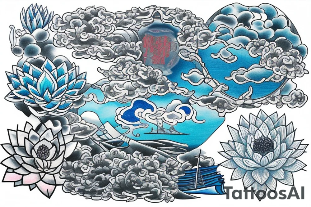 a written text saying RESPECT on the top of the back, which is surrounded with japanese art including an angel, light blue lotus flowers, a boat and the futuristic art of the universum tattoo idea