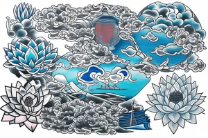 a written text saying RESPECT on the top of the back, which is surrounded with japanese art including an angel, light blue lotus flowers, a boat and the futuristic art of the universum tattoo idea