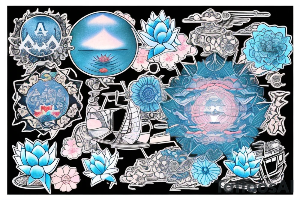 a written text saying RESPECT on the top of the back, which is surrounded with japanese art including an angel, light blue lotus flowers, a boat and the futuristic art of the universum tattoo idea