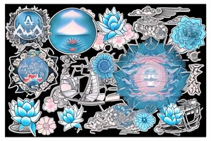a written text saying RESPECT on the top of the back, which is surrounded with japanese art including an angel, light blue lotus flowers, a boat and the futuristic art of the universum tattoo idea