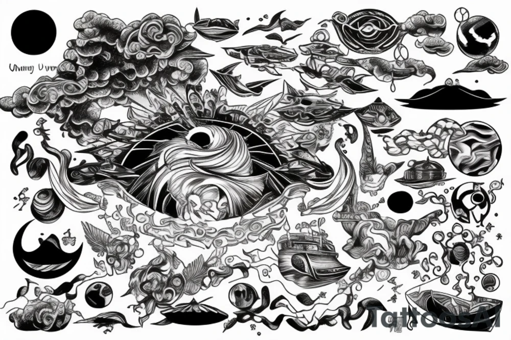 universum, blackhole, a boat, an angel, power, love and respect tattoo idea