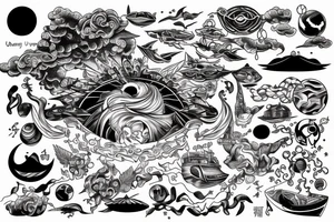 universum, blackhole, a boat, an angel, power, love and respect tattoo idea