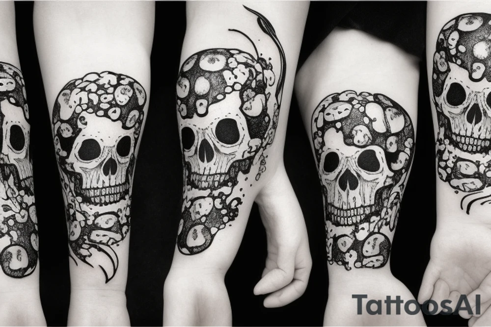Skulls with mushrooms growing out with a Galaxy background tattoo idea