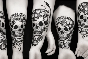 Skulls with mushrooms growing out with a Galaxy background tattoo idea