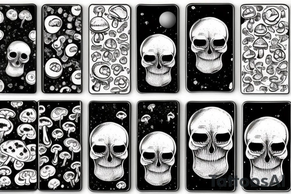 Skulls with mushrooms growing out with a Galaxy background tattoo idea