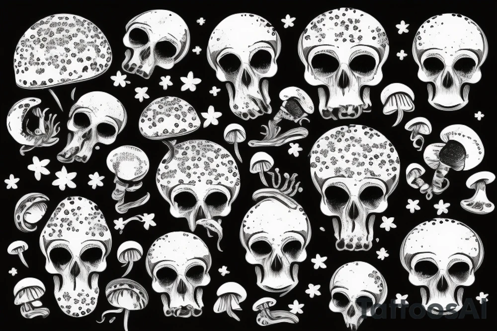Skulls with mushrooms growing out of the skulls with a Galaxy background tattoo idea