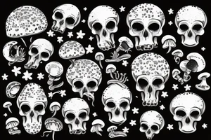 Skulls with mushrooms growing out of the skulls with a Galaxy background tattoo idea