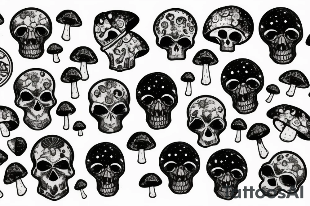 Skulls with mushrooms growing out of the skulls with a Galaxy background tattoo idea