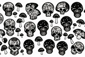 Skulls with mushrooms growing out of the skulls with a Galaxy background tattoo idea