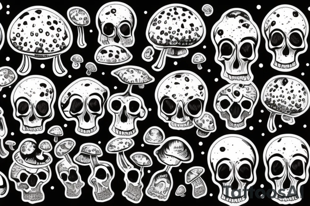 Skulls with mushrooms growing out of the skulls with a Galaxy background tattoo idea