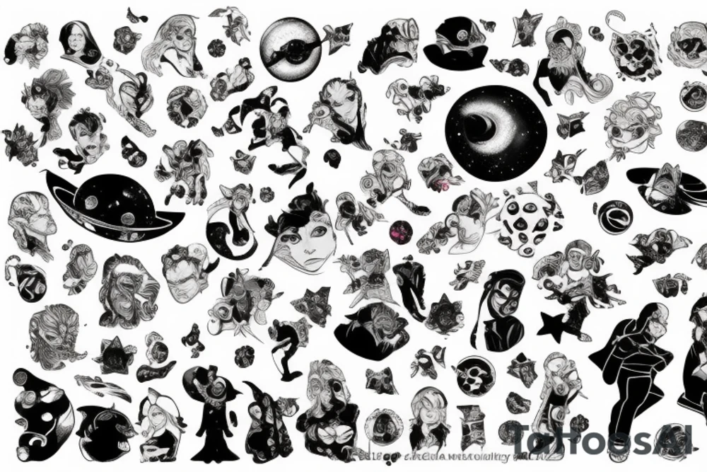 JoJo character montage in front of a galaxy tattoo idea