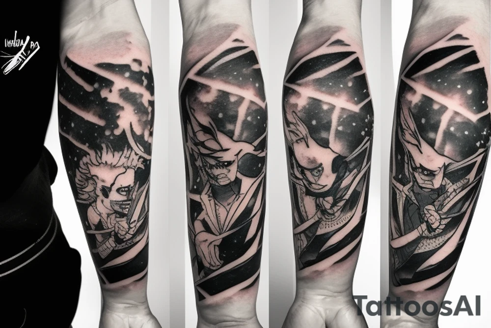 JoJo character montage in front of a galaxy tattoo idea