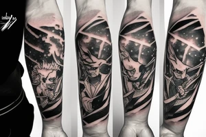 JoJo character montage in front of a galaxy tattoo idea