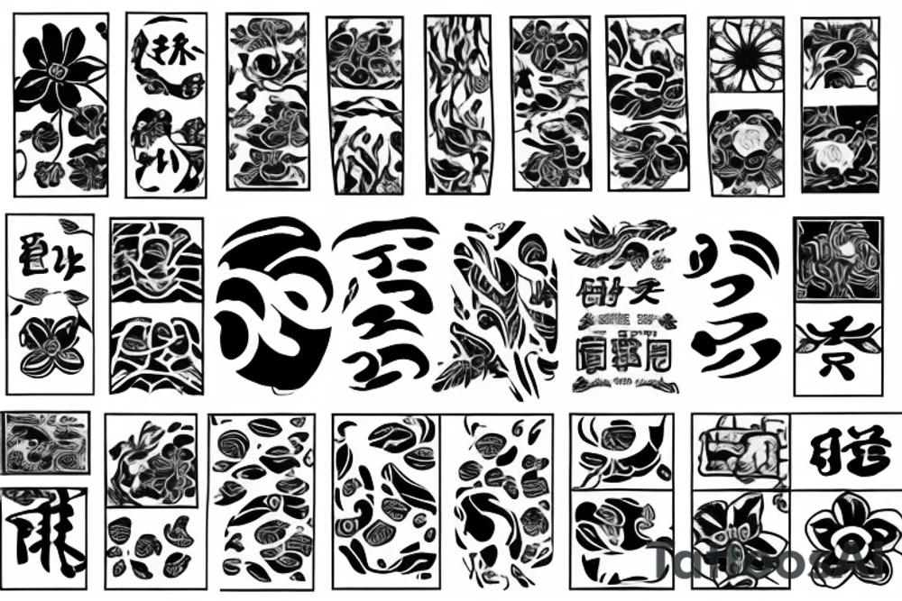 Slim, spinal tattoo of multiple and distinct objects, animals, Japanese kanji characters and flowers tattoo idea